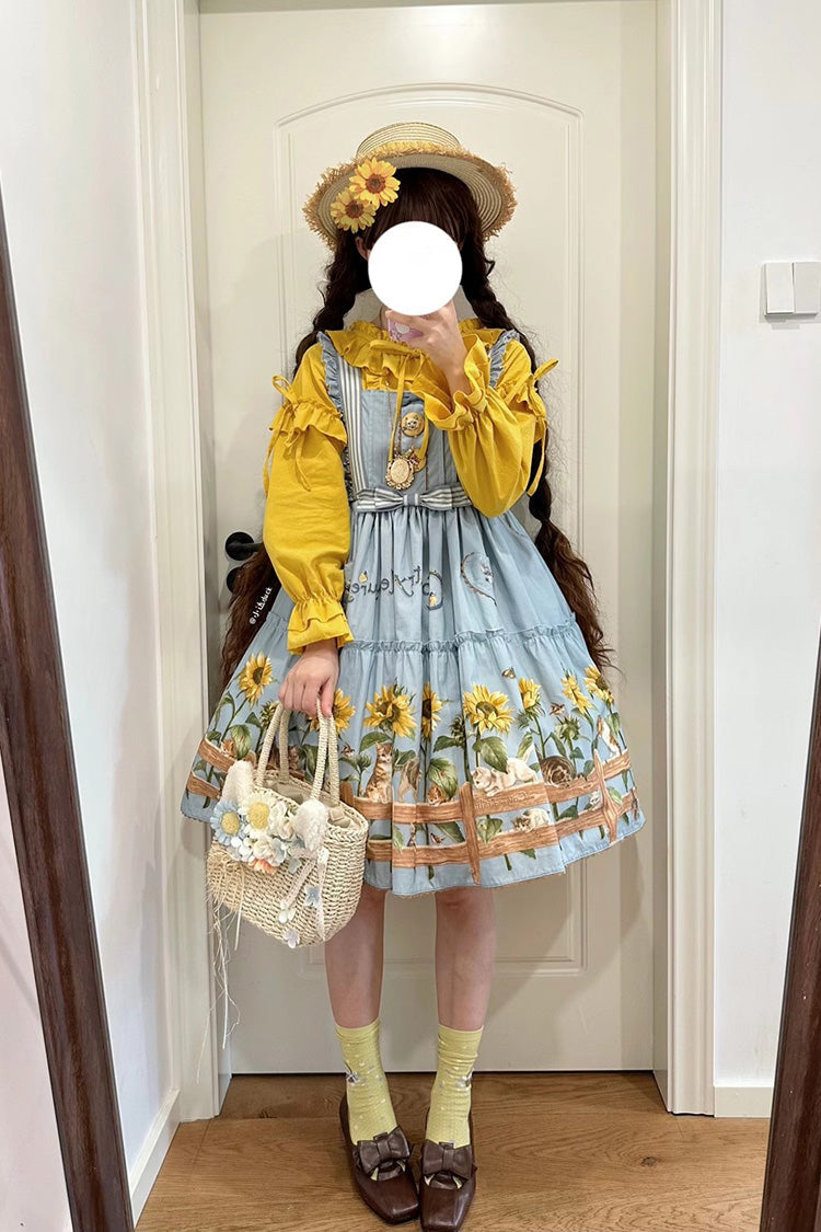 Sunflower-Print Bow-Adorned Sweet Lolita JSK Dress in Two Tones