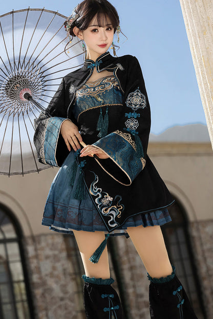 Cut-Out Embroidered Chinese Style Jumper Dress - Black/Blue Misty Teal