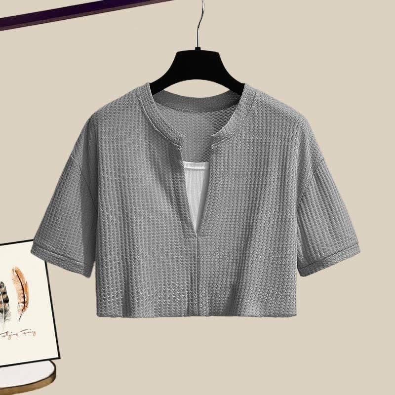 Pieces Set Casual Crop Top Fake Pants Two T-Shirt