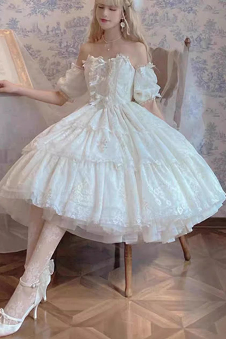 White Short-Sleeved Multi-Layer Printed Hanayome Bow-Trim Sweet Princess Lolita Strapless Dress