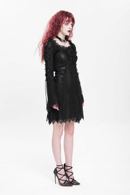 Square Collar Trumpet Sleeve Embroidered Lace-Up Gothic Dress