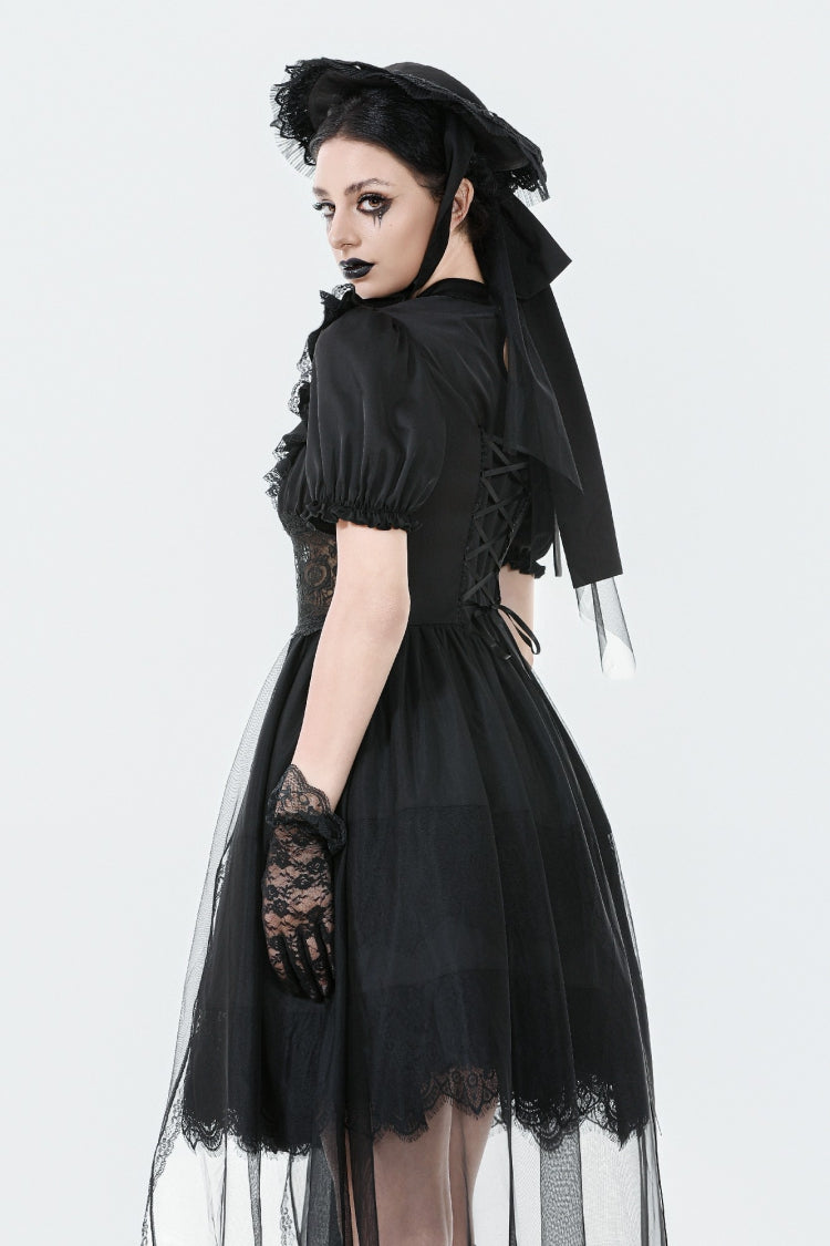 Inky Puff Sleeve High-Low Multi-Tiered Chiffon Gown - Gothic Wedding