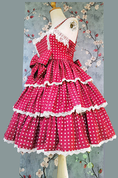 Polka Dot Ruffle Bowknot Sweet Lolita JSK Dress in Red