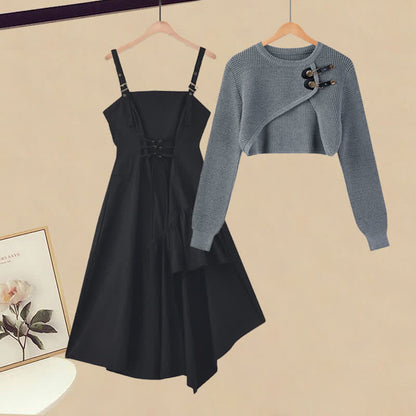 Sweater Buckle Set Irregular Slip Dress