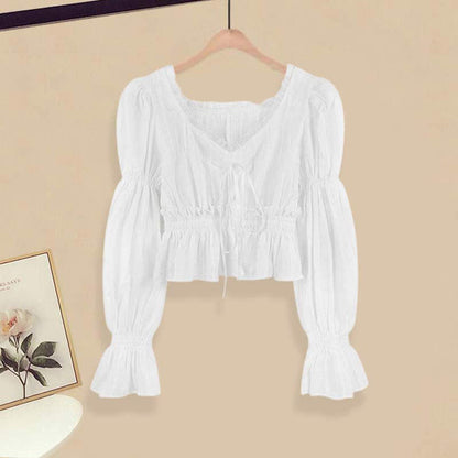 Set Sleeve Denim Puff Shirt Flared Pink Pants