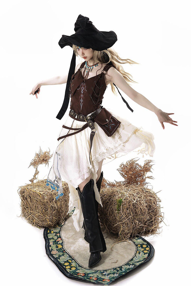 Brown White Dune Shadow Seeker Sleeveless Ruffle Embroidered Irregular Vintage Lolita Skirt Set