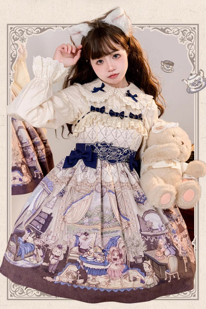 Cat Manor Print Embroidered Bow Sweet Jumper Dress