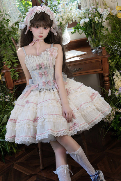 Blue Apricot Sea Salt Souffle Sleeveless Multi-Layer Bow Lace Sweet Ballet JSK Dress