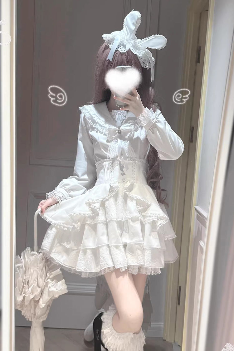 Multi-Layered Ruffled Bow Skirt Set - White Snow Season Love Letter