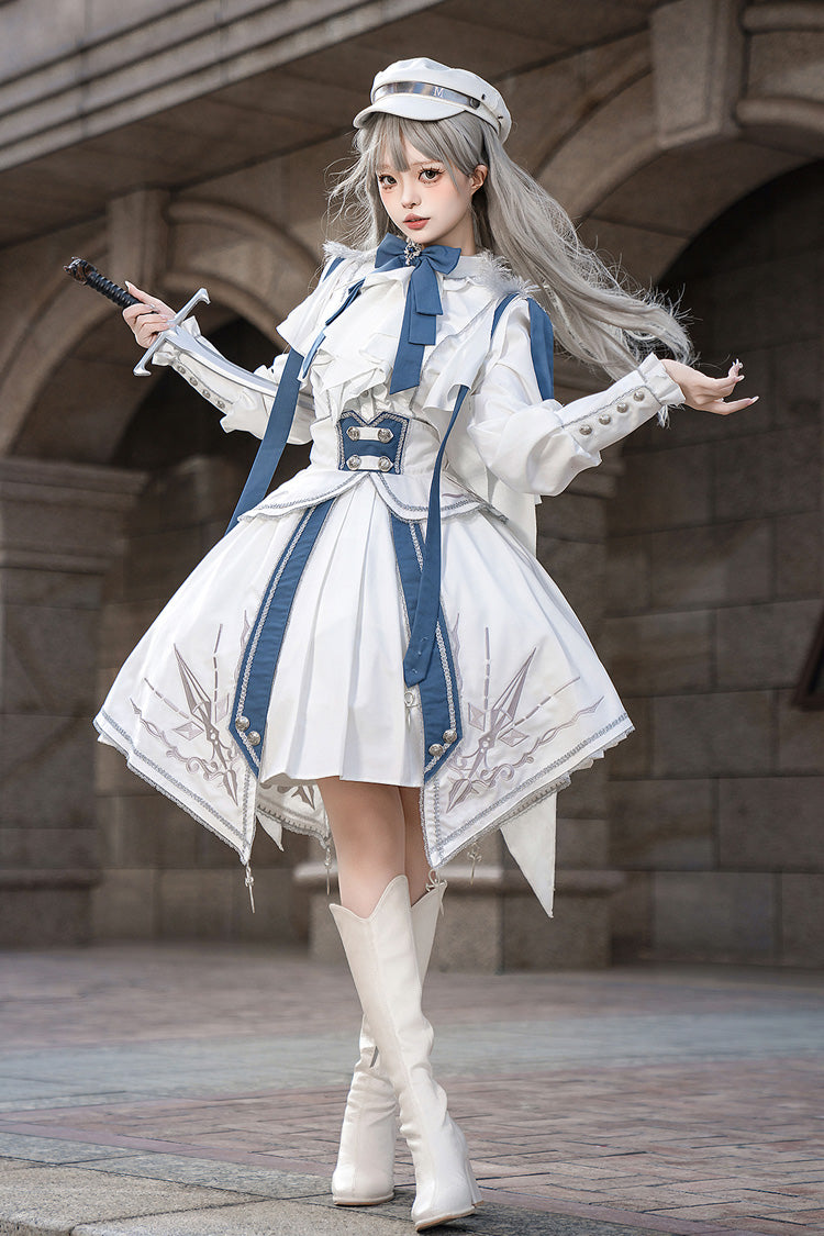 White Blue Star Knight Print Punk Military Princess Handsome Ouji Skirt