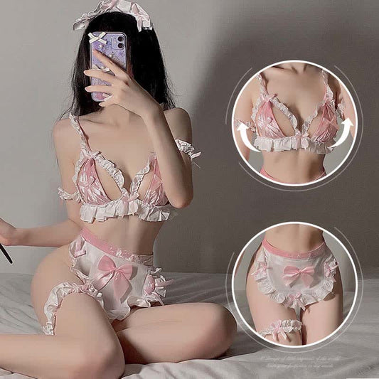 Pink Maid Bow Knot Lace Hollow Out Bikini Lingerie