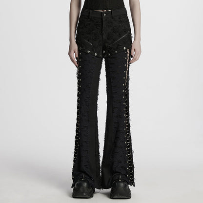 Ripped Punk Pants with Metal Rings and Detachable Split