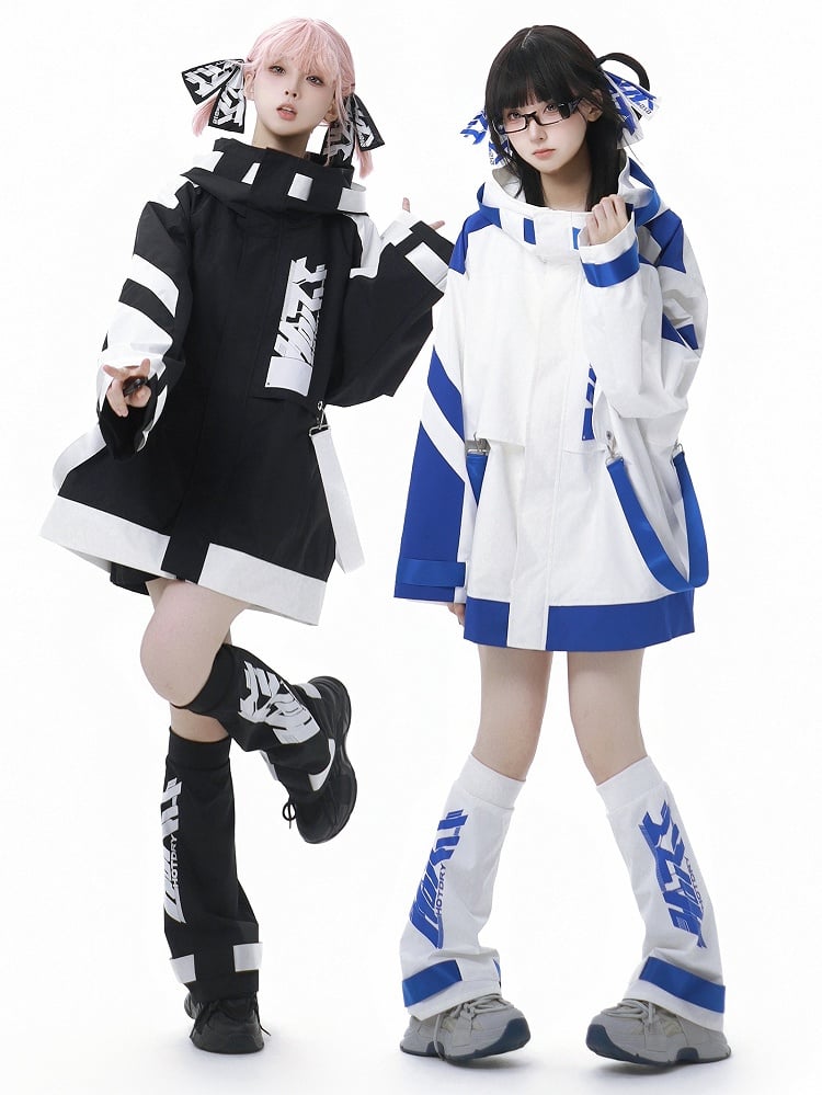 Blue and White Jirai Kei Techwear Straps Hooded Windbreaker Jacket