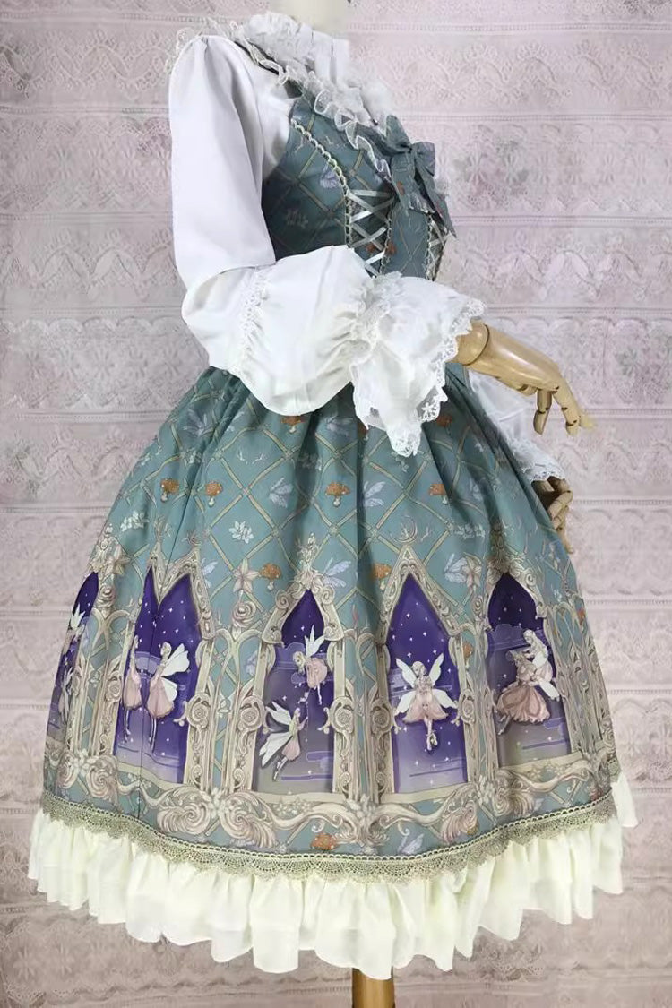 Dream Elf Print Ruffle Bowknot Jsk Dress - Sweet Lolita