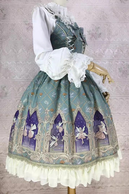 Dream Elf Print Ruffle Bowknot Jsk Dress - Sweet Lolita