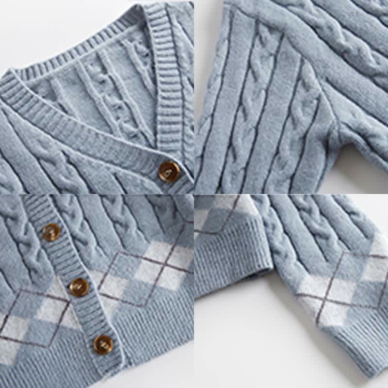 Rhombus Pants Shirt Sweater Set Print Denim Lapel