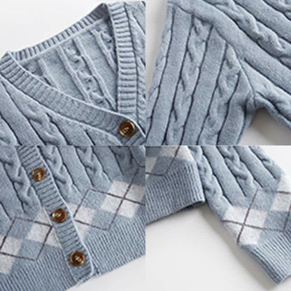 Rhombus Pants Shirt Sweater Set Print Denim Lapel