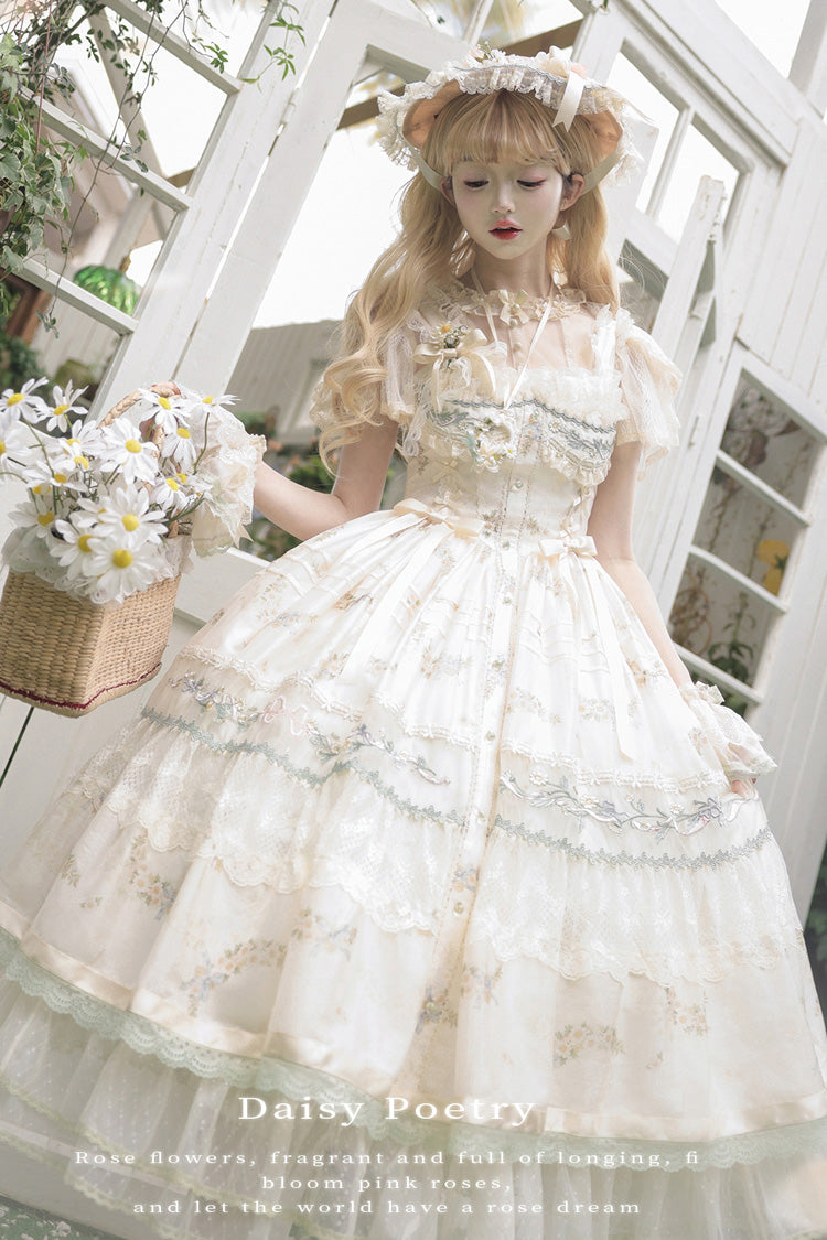 Multicolor Daisy Poetry Print Ruffle Lace JSK Dress