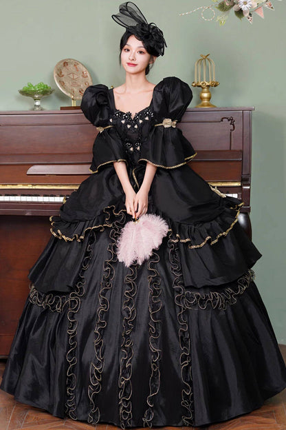 Square Collar Gothic Victorian Dress with Half Trumpet Sleeves and Ruffled Open-Front