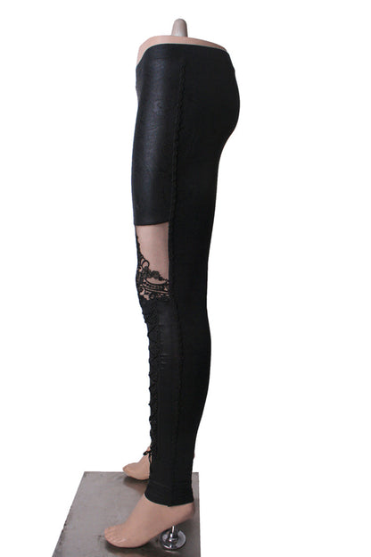 Gothic Women's Tight Leggings with Lace-Up Detail and Flocked Texture