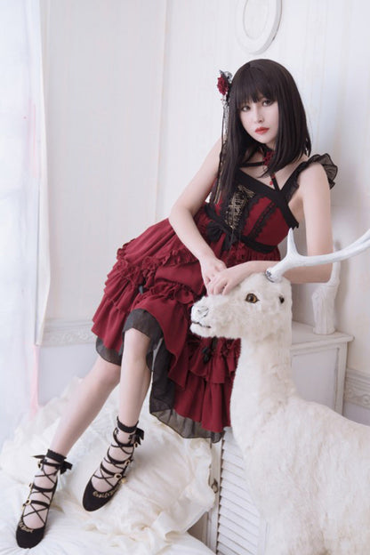 Red Gothic Lolita Double-Layered Ruffle Stitching Lace JSK Dress