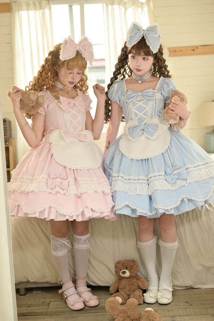 Square-Neck Cotton Dress with Double Ruffle Lace and Lacing