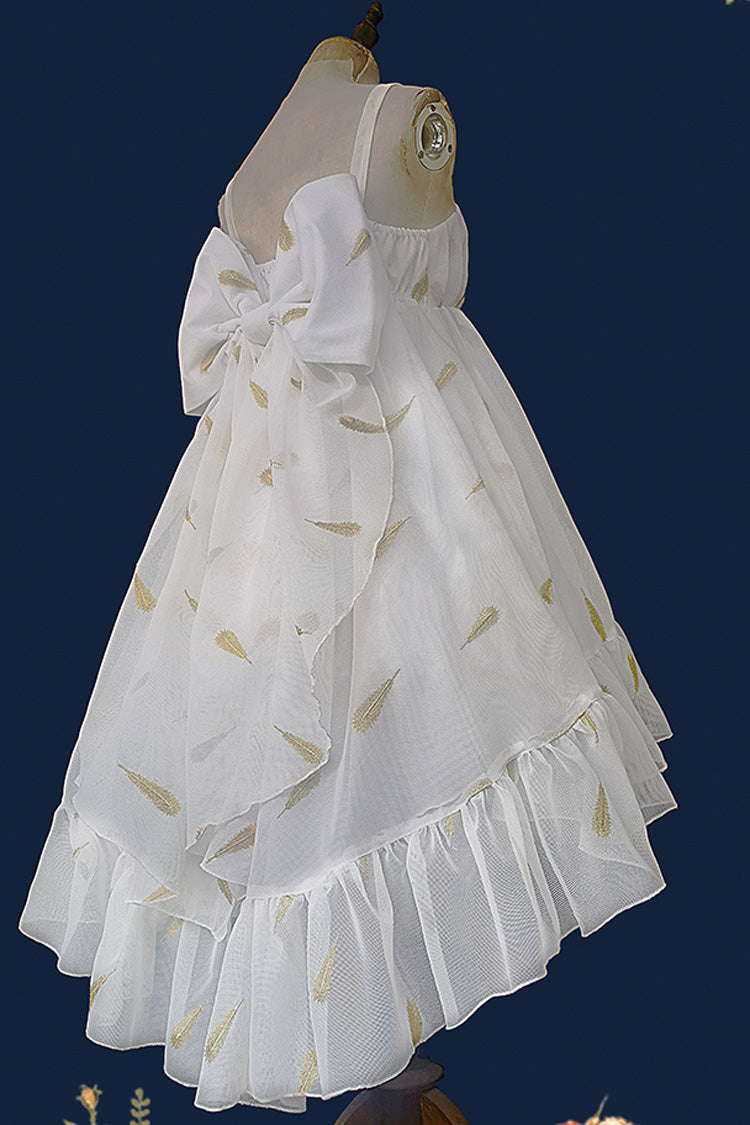 Feather Snowflake Embroidery Print Sleeveless Ruffle Bow Sweet JSK Dress