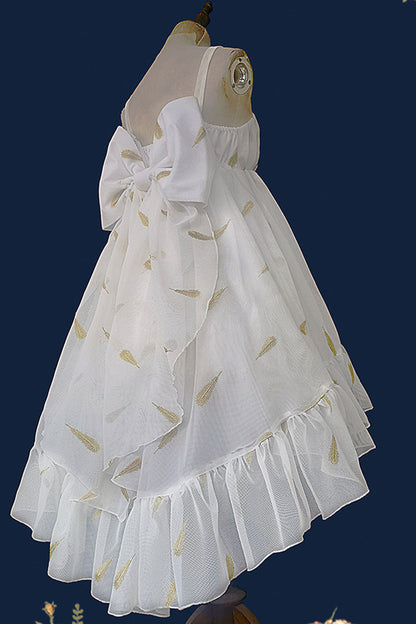 Feather Snowflake Embroidery Print Sleeveless Ruffle Bow Sweet JSK Dress