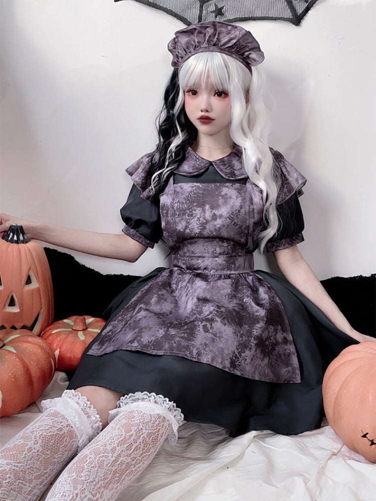 Halloween Costume Dark Maid Black Dress with Purple Apron