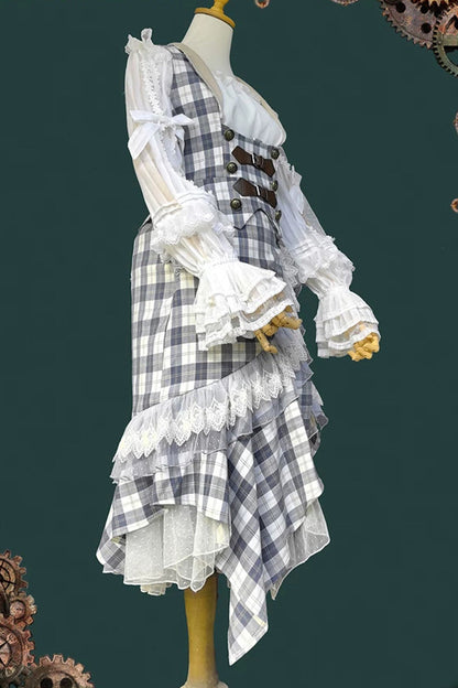 Blue Plaid Traveler Sleeveless Asymmetrical Ruffle Punk Lolita Skirt Set