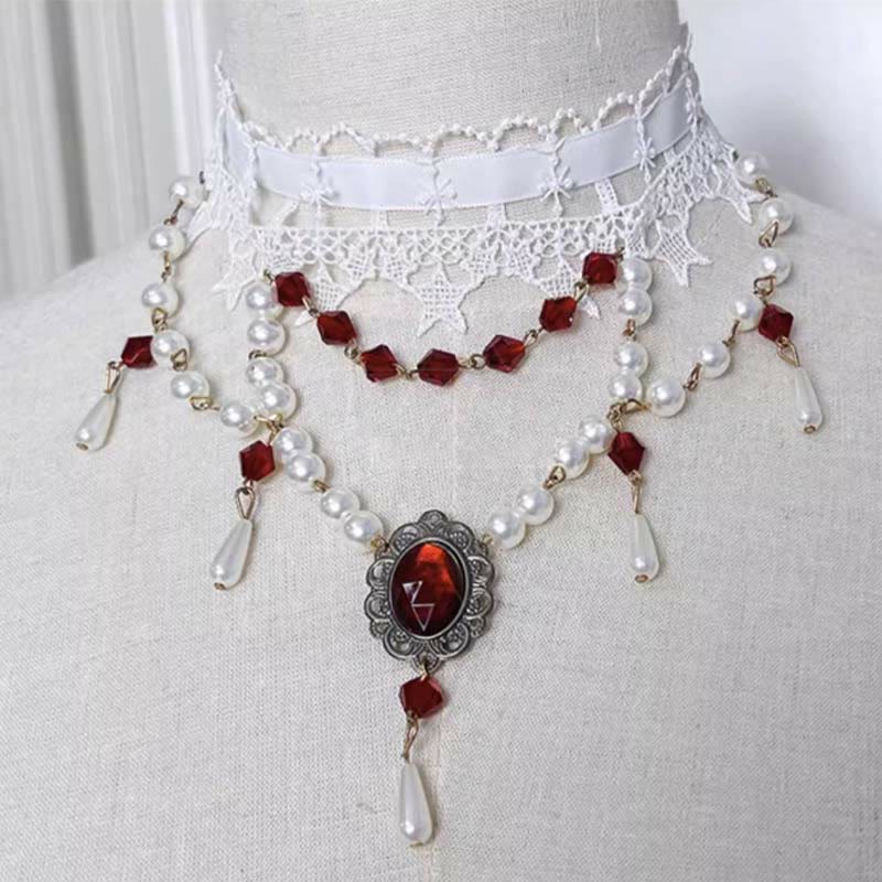 Collier ras du cou gothique punk rétro en dentelle et cristal Lolita