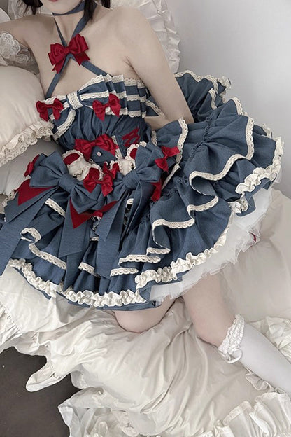 Halterneck Sleeveless Triple-Ruffle Laced JSK with Bow