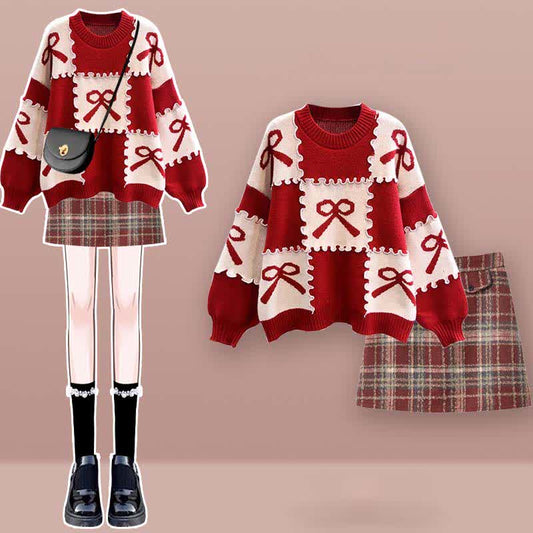 Plaid Knot Skirt Print Sweater Set Pleated Bow