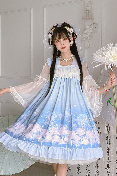 Blue Sweet Lolita Dress Jellyfish Print Bowknot Chinese Style - Altfashion Shop