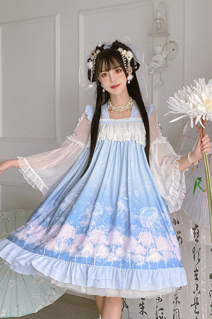 Blue Sweet Lolita Dress Jellyfish Print Bowknot Chinese Style - Altfashion Shop