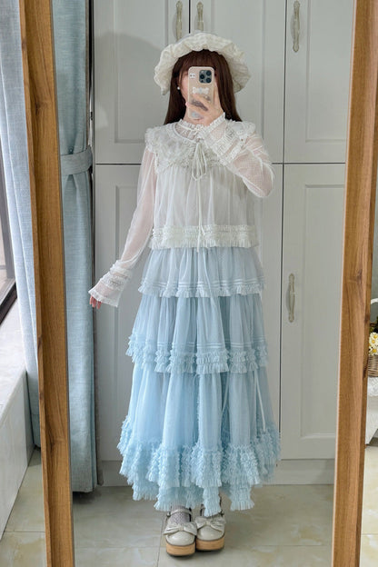 Sweet Stand Collar Long Sleeve Multi Layer Ruffle Color Block Lolita Tiered Dress 14 Colors