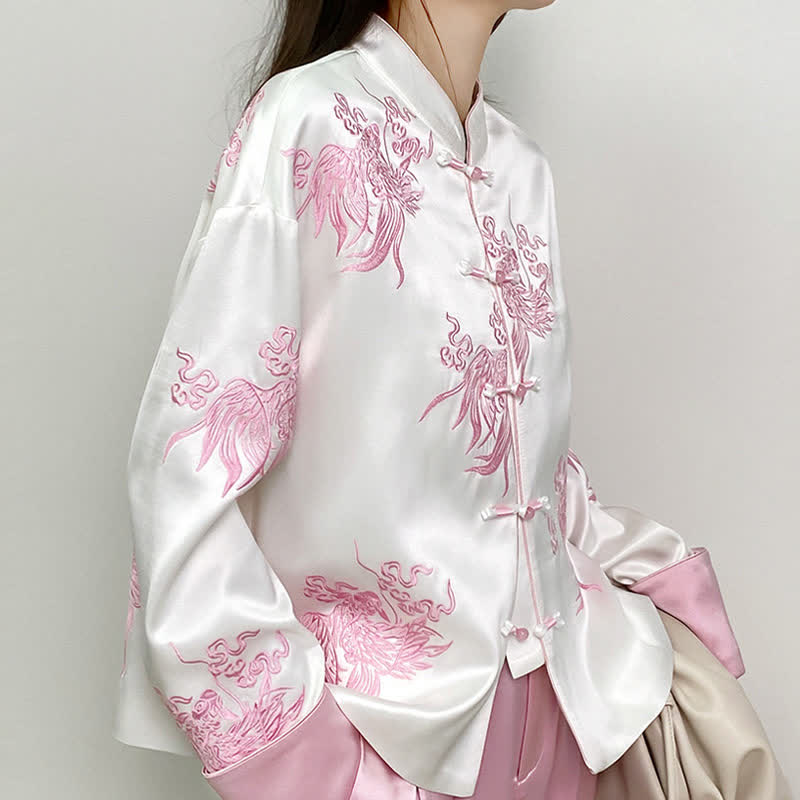 Vintage Floral Embroidery Buckle Long Sleeve Satin Shirt