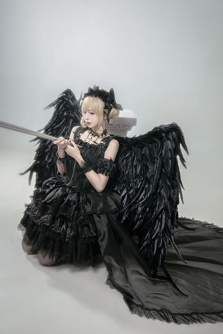 Black Rose Memoirs Sleeveless Multi-Layer Bow Lace Gothic Lolita Skirt Set