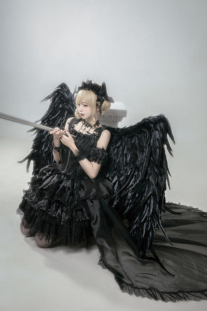 Black Rose Memoirs Sleeveless Multi-Layer Bow Lace Gothic Lolita Skirt Set