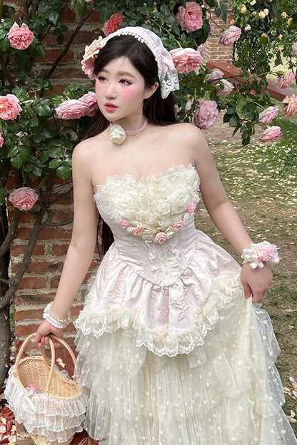 Pink Floral Love Ruffle Bow Lace Elegant Lolita Maxi Set
