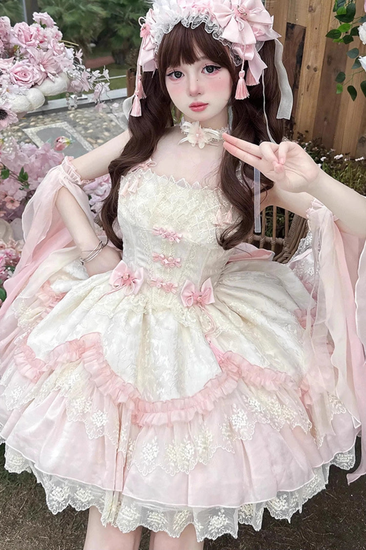 Pink Floral Ruffle Embroidered Bow Chinese Elegant Lolita Jumper - Lyrics in the Midst of Flowers