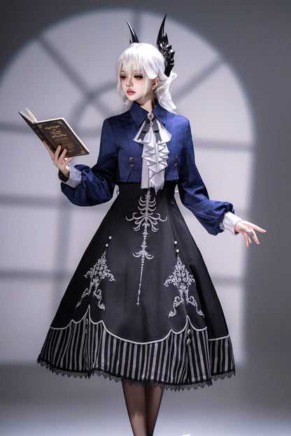 Embroidered Gothic Vintage Jumper Dress Set - Black