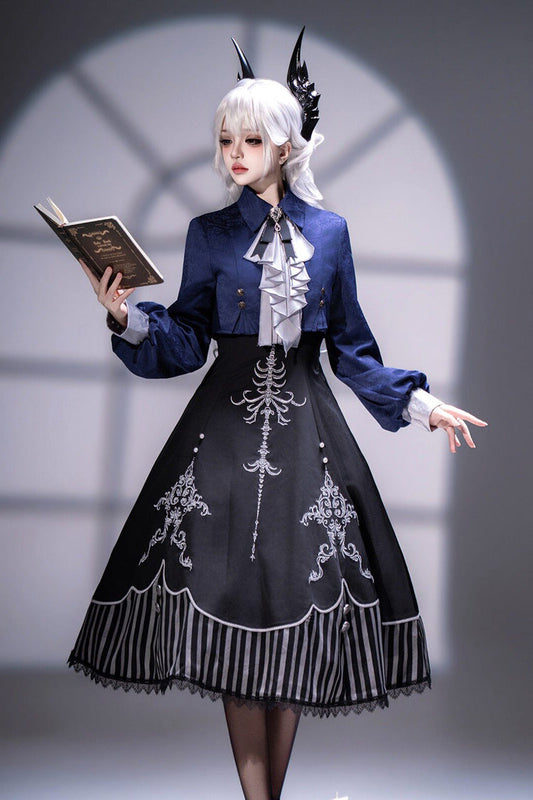 Embroidered Gothic Vintage Jumper Dress Set - Black