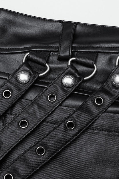 Punk Trousers with Buckle Straps and Mesh Accents