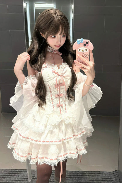 White Little Love Song Detachable Flared Sleeves Ruffle Bow Lace Sweet Set