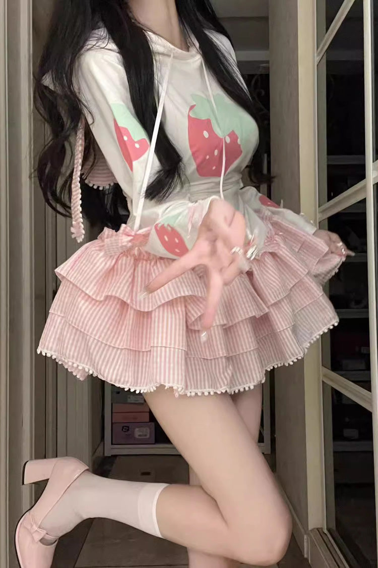 White/Pink Sweet Lolita Long-Sleeved Strawberry Print Hooded Dress
