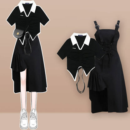 Set Drawstring Crop Slip Black T-Shirt Dress Irregular