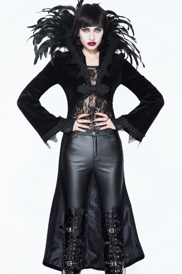 Gothic Tailcoat for Women with Feathered Collar Long Sleeves and Bowknot