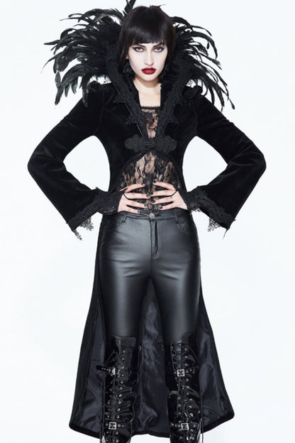 Gothic Tailcoat for Women with Feathered Collar Long Sleeves and Bowknot