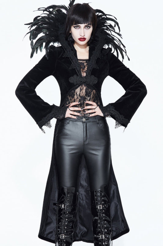 Gothic Tailcoat for Women with Feathered Collar Long Sleeves and Bowknot